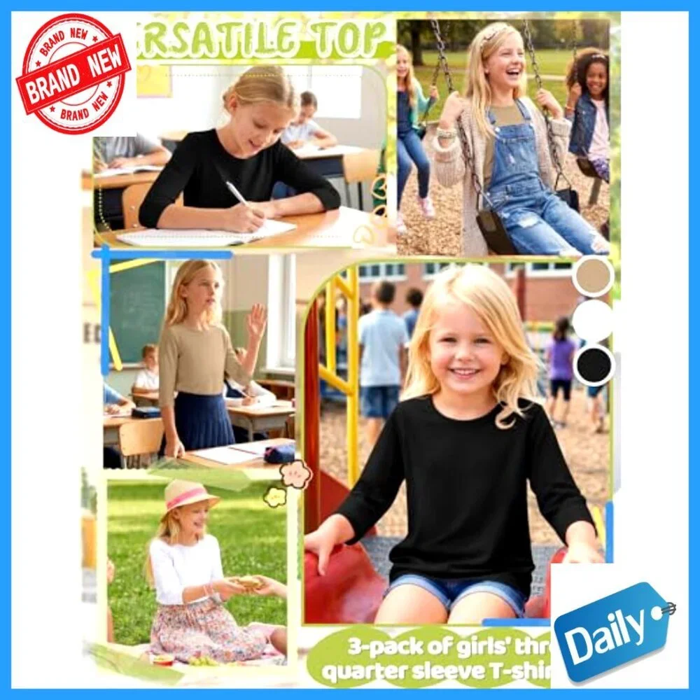 Girls 3/4 Sleeve Crewneck Tees 3 Pack Soft Stretch Fabric Ages 5-14